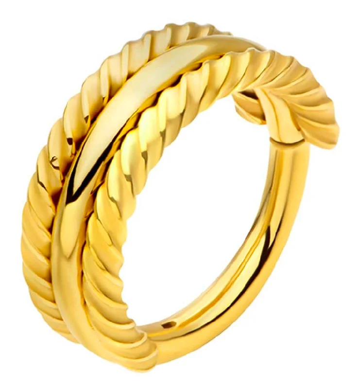 Polished gem earrings-Gold PVD Twisted Edge Triple Stacked Stainless Steel Hinged Segment Ring