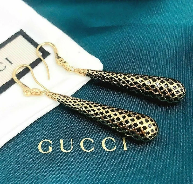 Cotton braid earrings-GUCCI Italian Made 18K Yellow Gold Diamantissima Black Enamel Drop Earrings