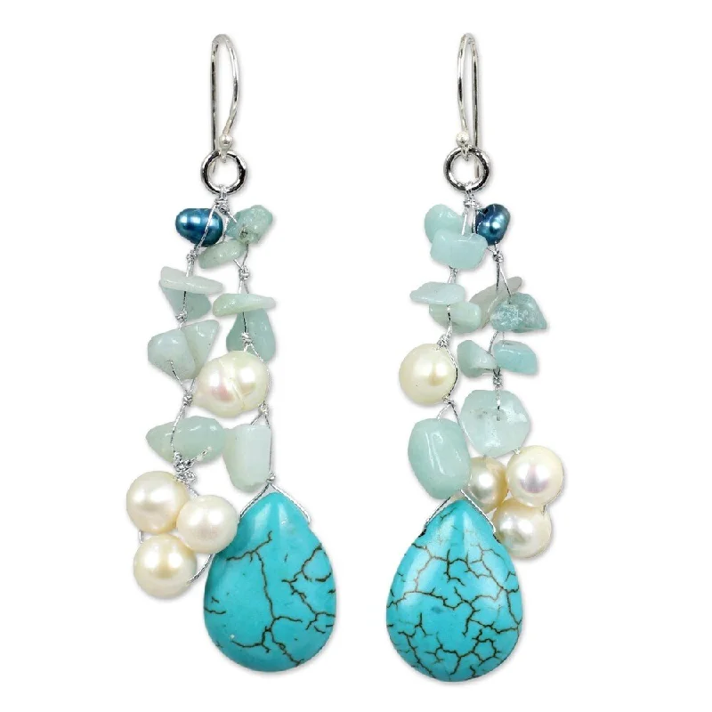 Fourteen-stone earrings-Handmade Azure Allure Sterling Silver Pearl Waterfall Earrings (Thailand)