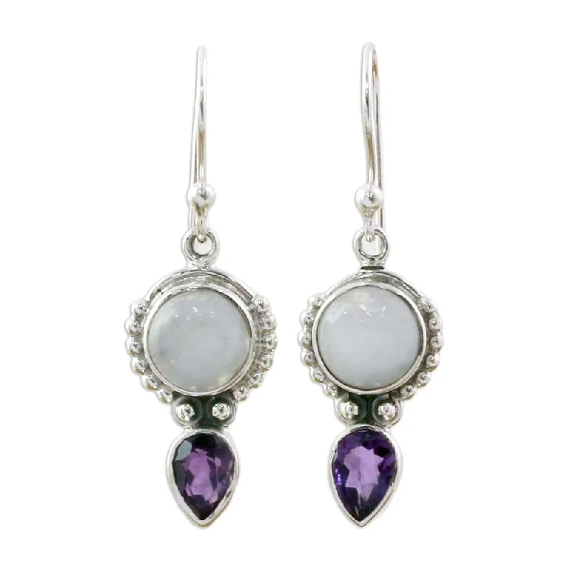 Knotted design earrings-Handmade Indian Rain Amethyst Rainbow Moonstone Earrings (India) - 1.5*0.4