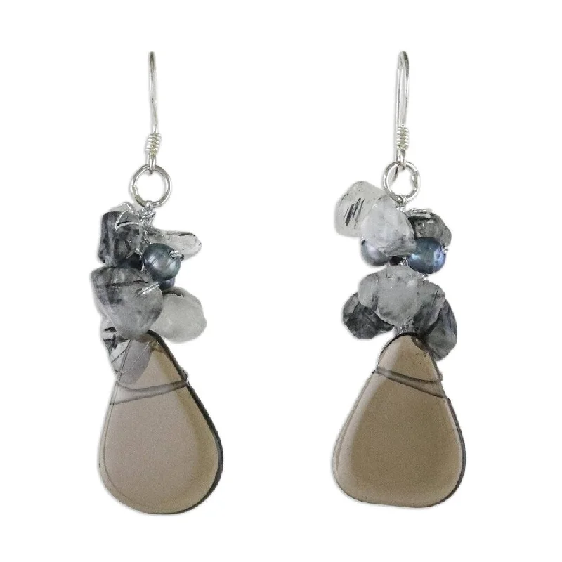 Ochre agate earrings-Handmade Silver Pearl and Quartz Blossoming Night Earrings (Thailand)