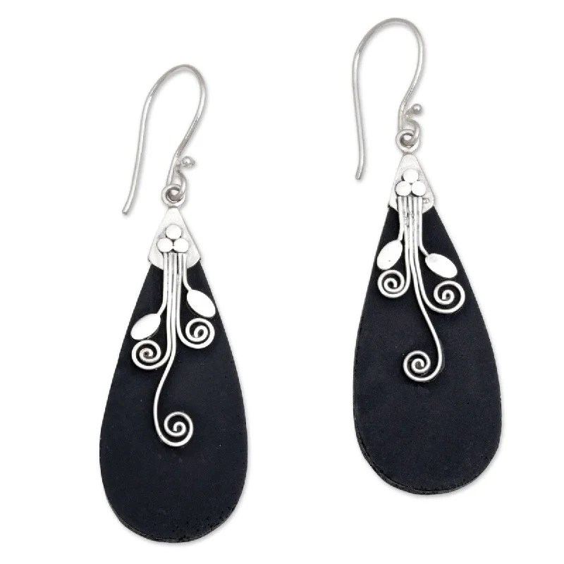 Cobalt sodalite earrings-Handmade Sterling Silver Lava Stone Reaching Vines Earrings (Indonesia) - 2.4L*0.7W