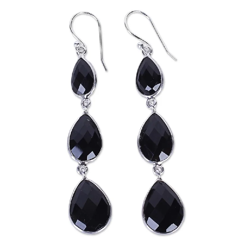 Slit vent earrings-Handmade Sterling Silver Magical Elegance Onyx Earrings (India) - 2.8*0.5W