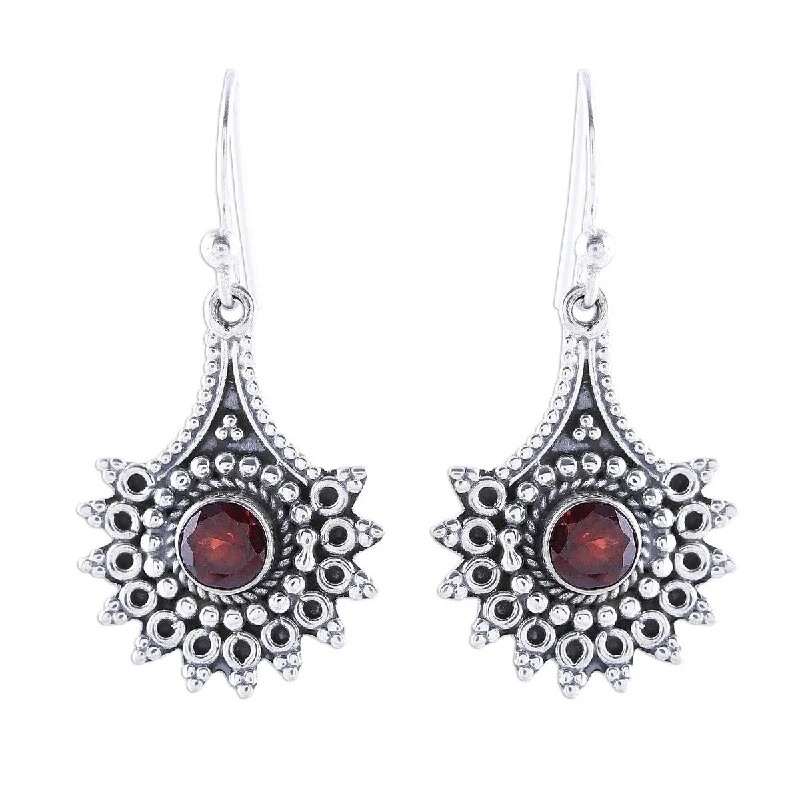 Curved metal earrings-NOVICA Gemstone Flowers, Garnet dangle earrings