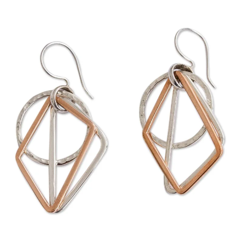 Hooked clasp earrings-NOVICA Geometric Trio, Sterling silver and copper dangle earrings - 2L*0.9W