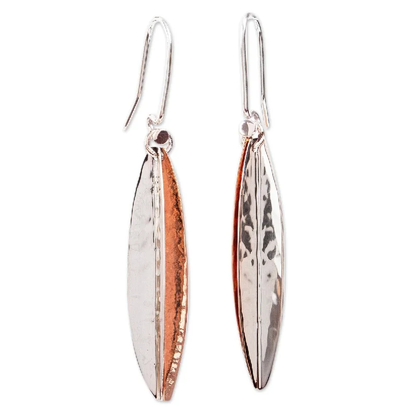 Ripple hoop earrings-NOVICA Hammered Abstraction, Sterling silver and copper dangle earrings - 2.2L*0.4W