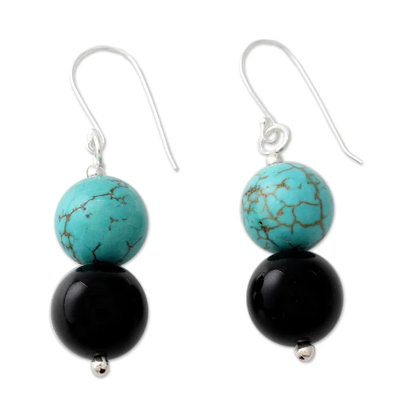 Knotted design earrings-Onyx Dangle Earrings, 'Azure At Midnight' (India)