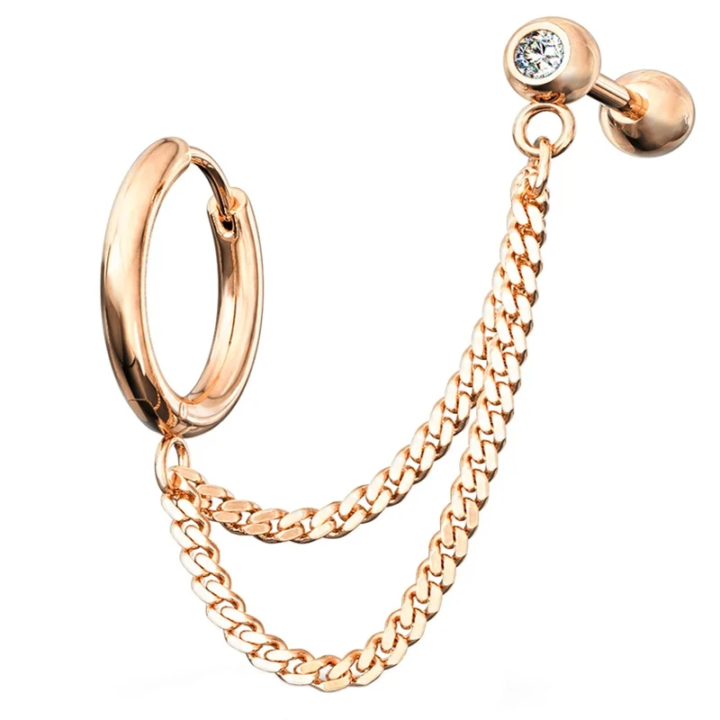 Jade point earrings-Rose Gold PVD Double Linked Hinged Hoop Ring & CZ Cartilage Barbell