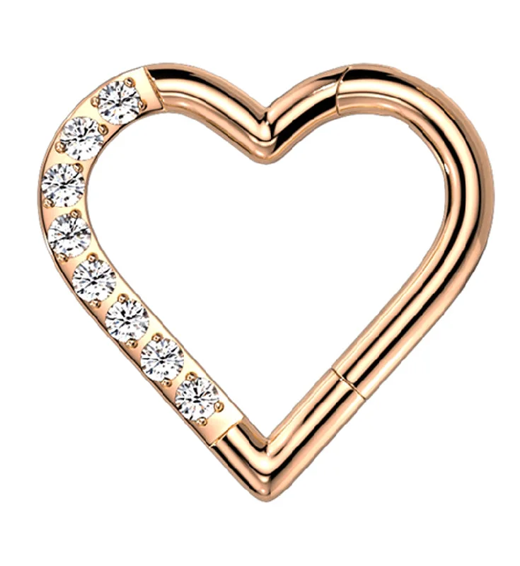 Cushion-cut sapphire earrings-Rose Gold PVD Heart Half CZ Titanium Hinged Segment Ring