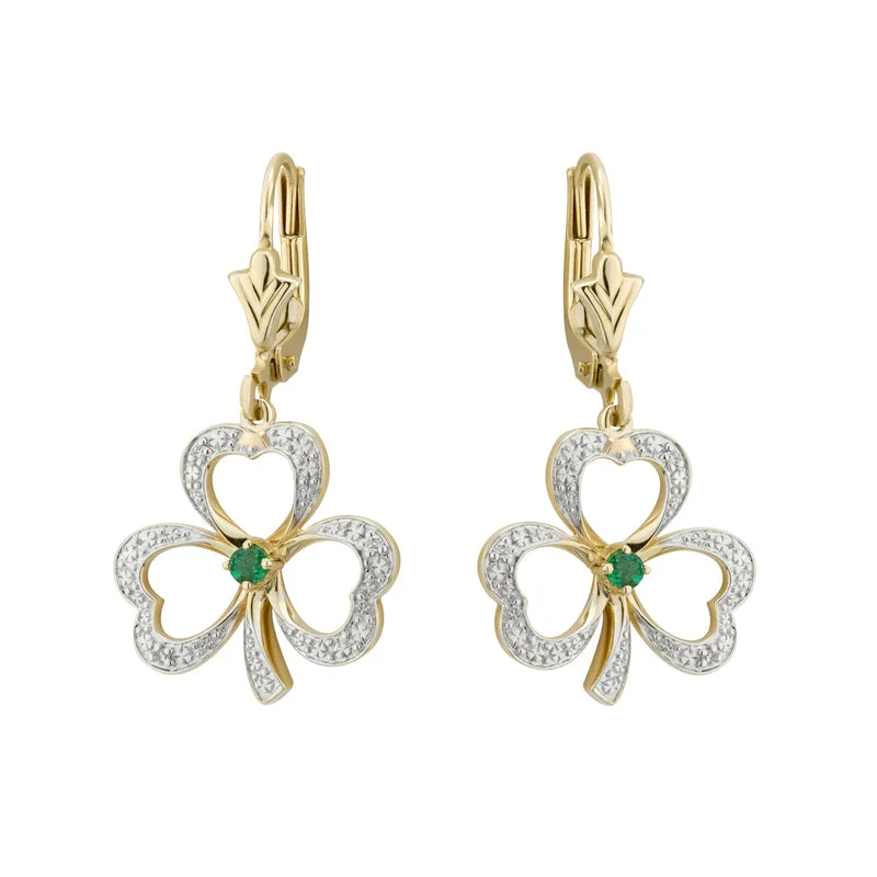 Linen weave earrings-14K Diamond Emerald Shamrock Drop Earrings