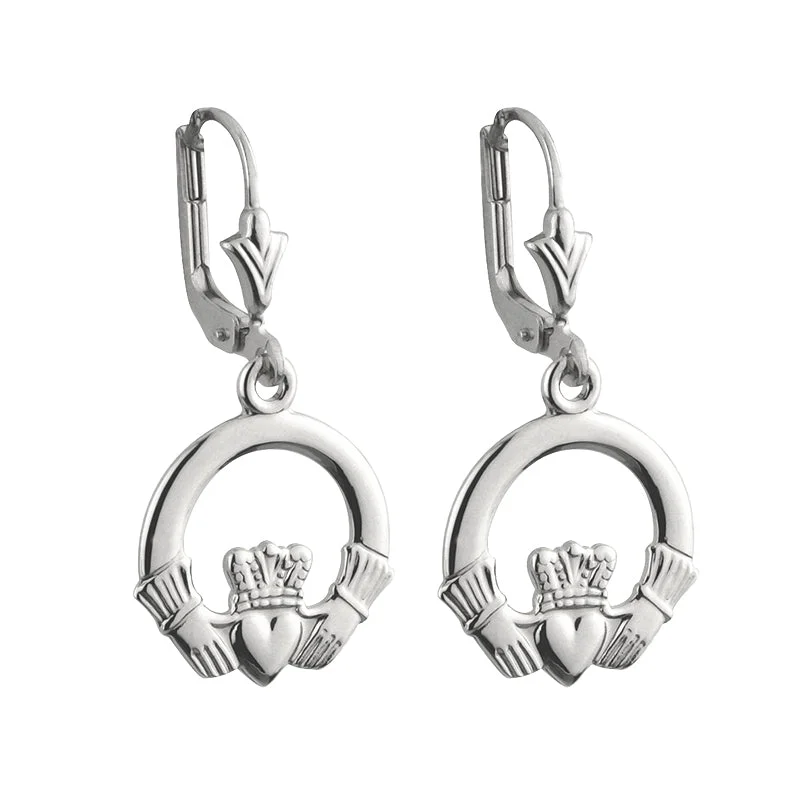 Nailed design earrings-14k White Gold Claddagh Drop Earrings