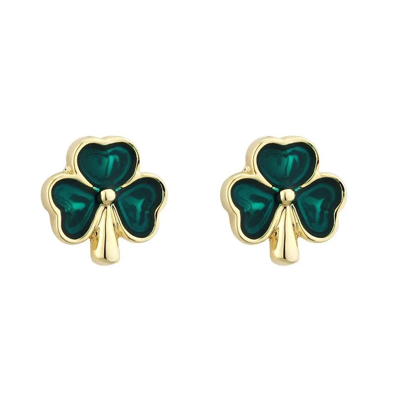 Jade point earrings-Gold Plated Enamel Shamrock Earrings