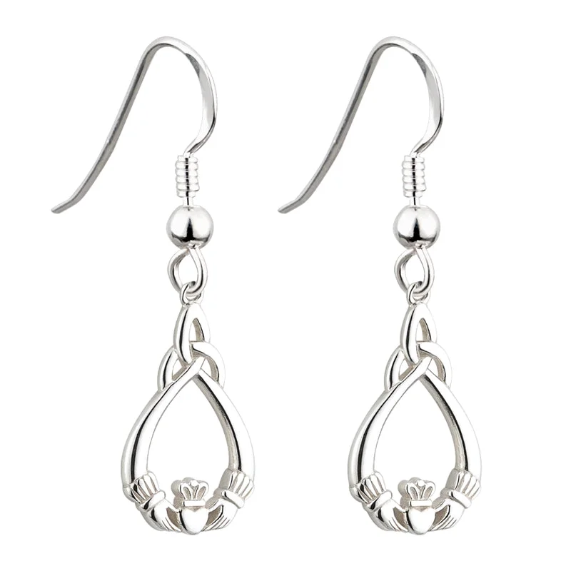 Coral ruby earrings-Silver Claddagh Trinity Earrings