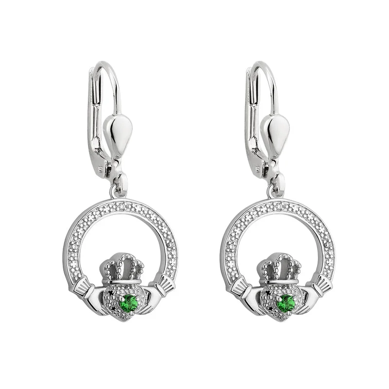 Tiered gem earrings-Silver Crystal Claddagh Drop Earrings