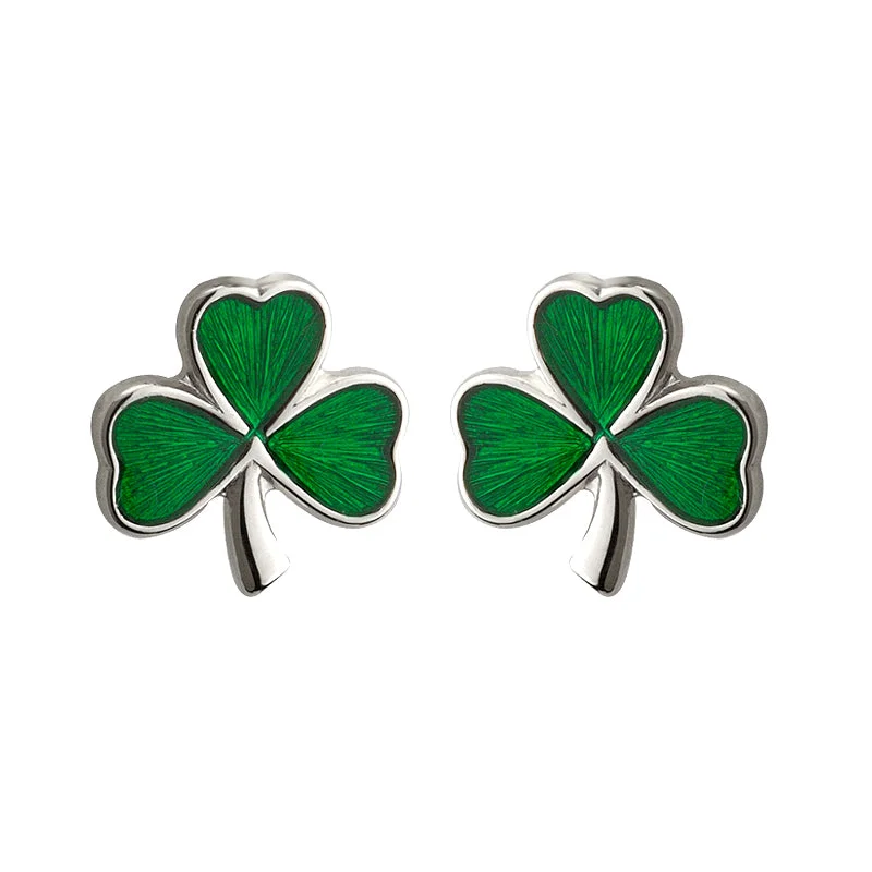 Rough-hewn earrings-Silver Small Enamel Shamrock Stud Earrings