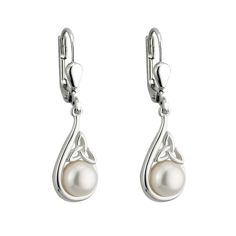 Infinity twist earrings-Silver Trinity Pearl Earrings