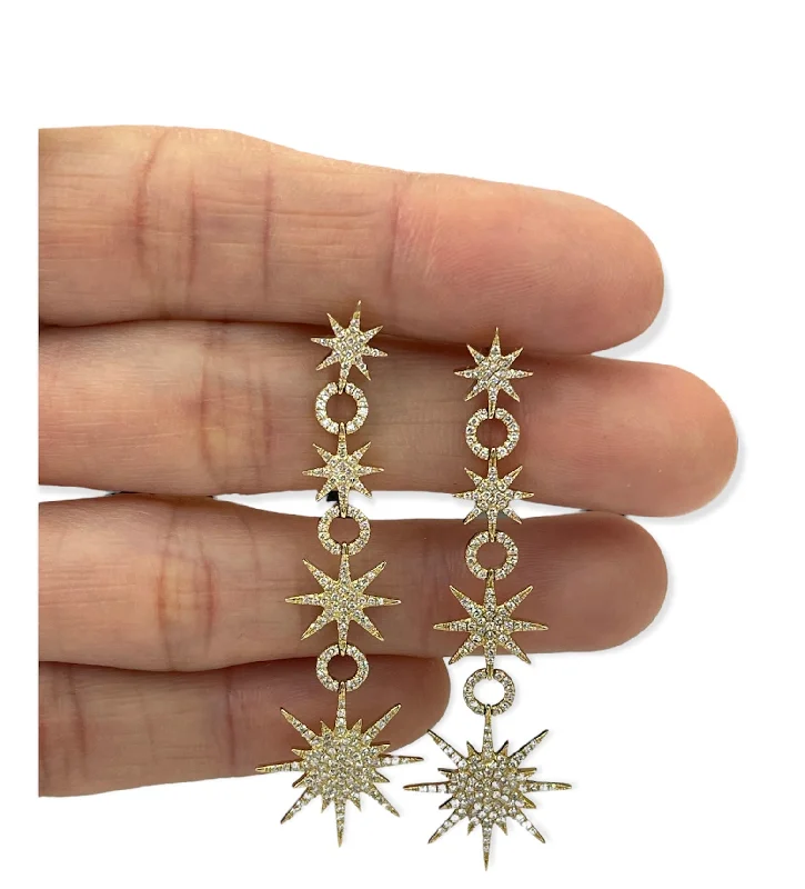 Iron toned earrings-Starburst Round Brilliants Diamond Drop Earrings Micro Pave Yellow Gold