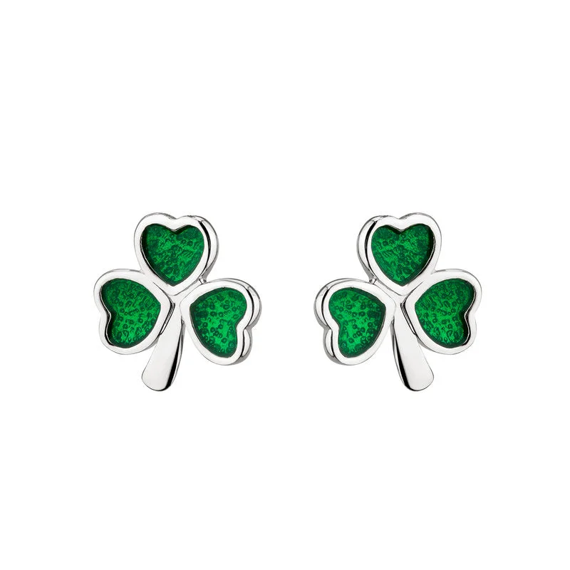 Ash husk earrings-Sterling Silver Enamel Shamrock Stud Earrings