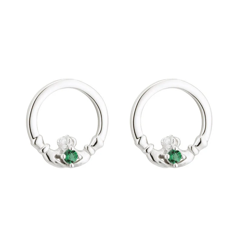 Linen weave earrings-Sterling Silver Green Crystal Claddagh Stud Earrings