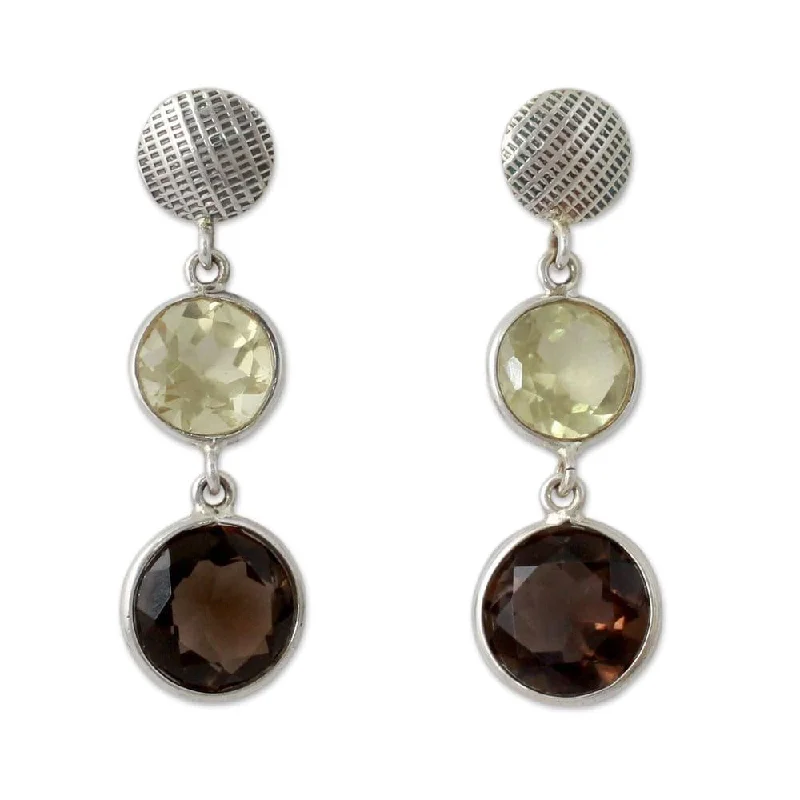 Hammered bar earrings-Sterling Silver 'Smoke and Fire' Quartz Earrings (India)