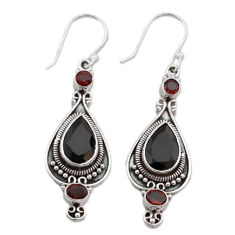 Curled sprig earrings-Sterling Silver 'Sparkling Midnight' Onyx Garnet Earrings