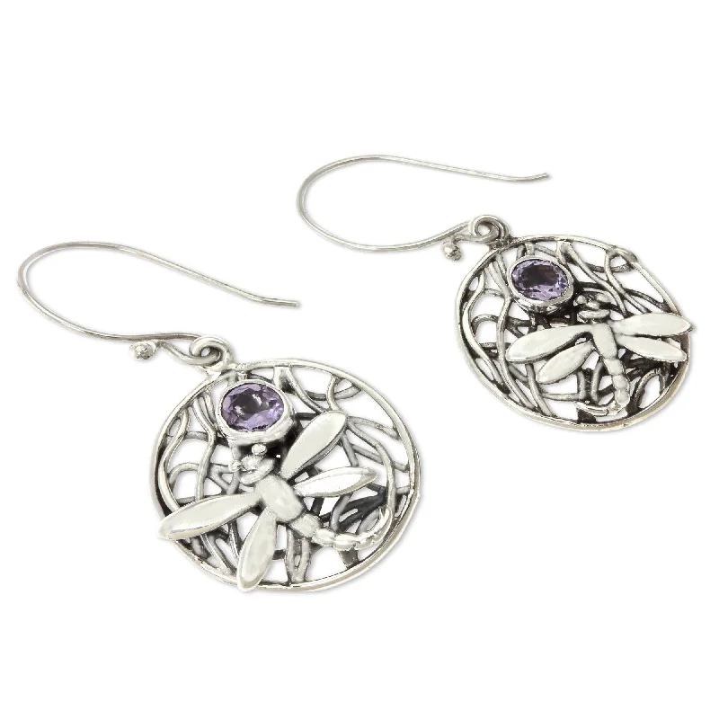 Celtic braid earrings-Sterling Silver Wild Dragonfly Amethyst Earrings (Indonesia)