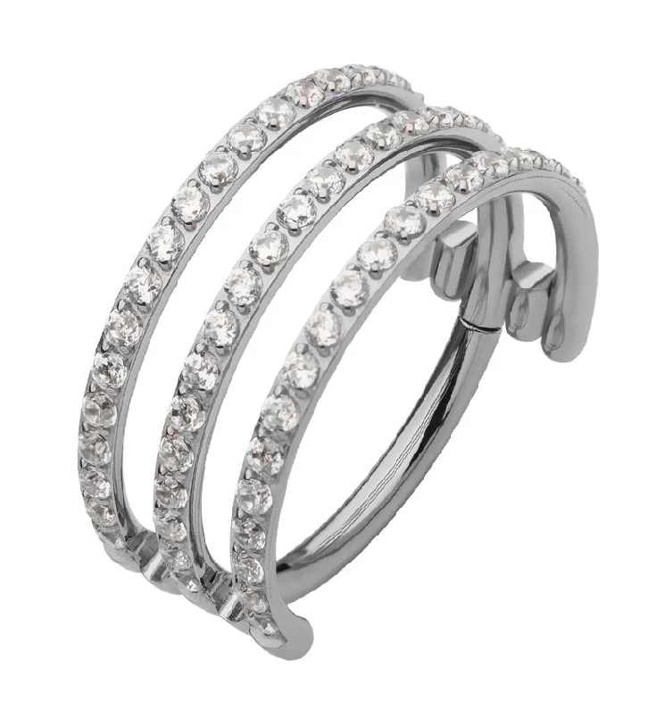 Soft stripe earrings-Triple Interval Triple CZ Row Titanium Hinged Segment Ring