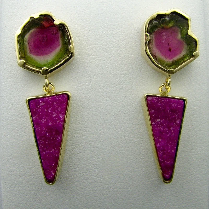 Savanna grass earrings-Watermelon Tourmaline & Cobalto Calcite earrings