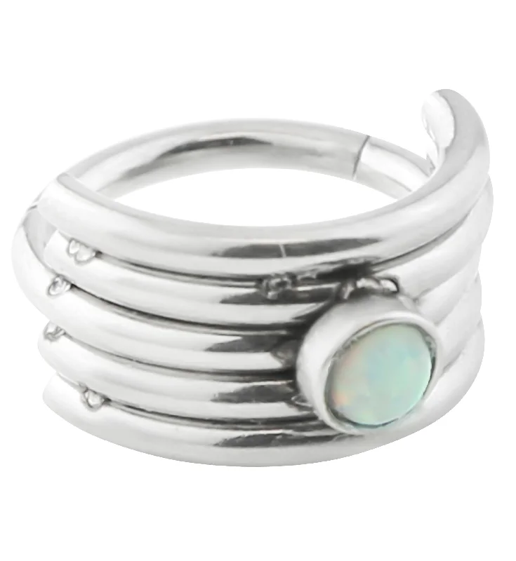 Oval-cut opal earrings-White Opalite Stacked Stainless Steel Hinged Cuff Segment Ring