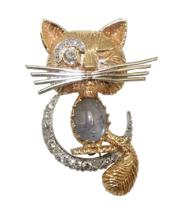 sustainable brooch-14K Yellow & Gold Winking Cat Brooch with Diamonds and Sapphire