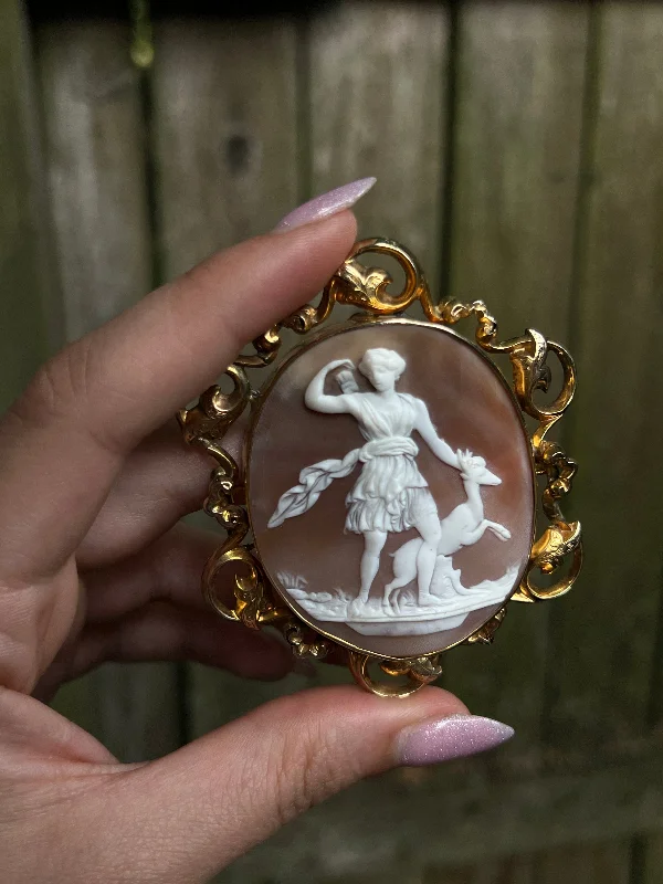 personalized brooch-Cameo Brooch of Diana and Acteon In 12ct Baroque Frame