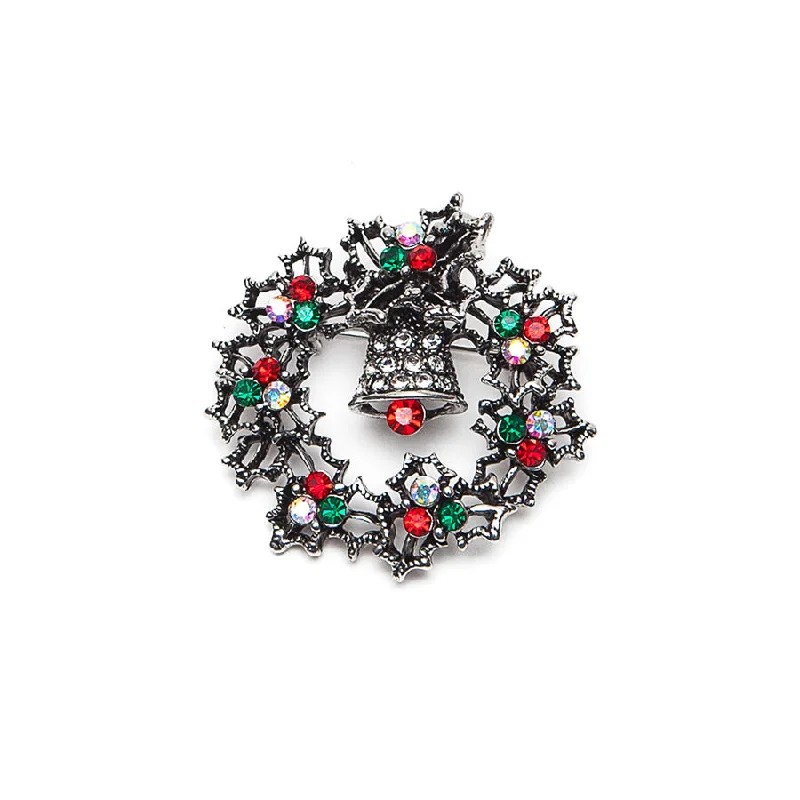 small brooch-Christmas Wreath Brooch with Red and Green Crystals