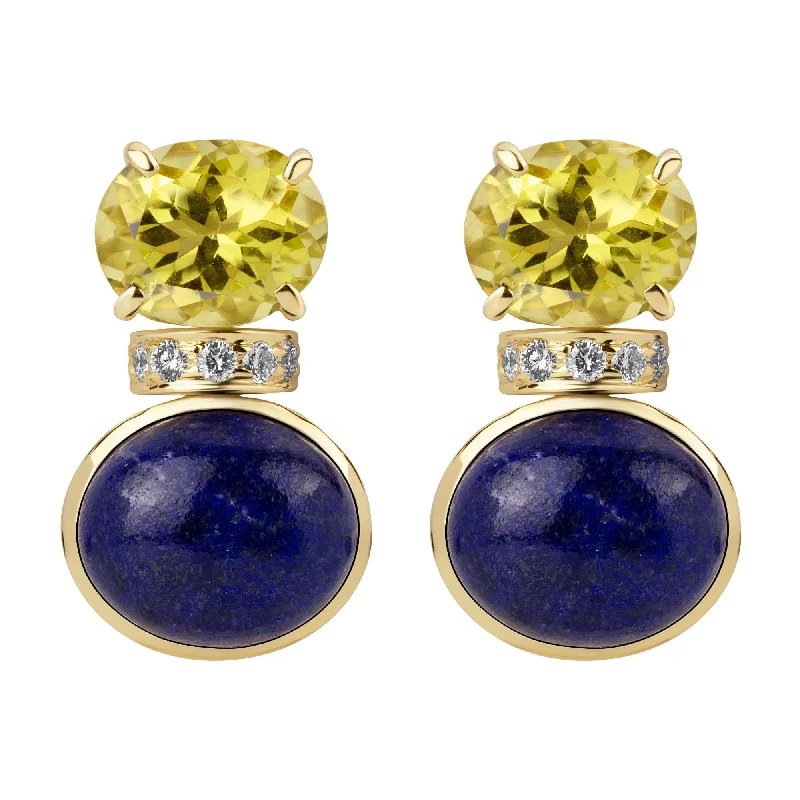 decorative brooch-Earrings - Lemon Quartz, Lapis Lazuli  And Diamond