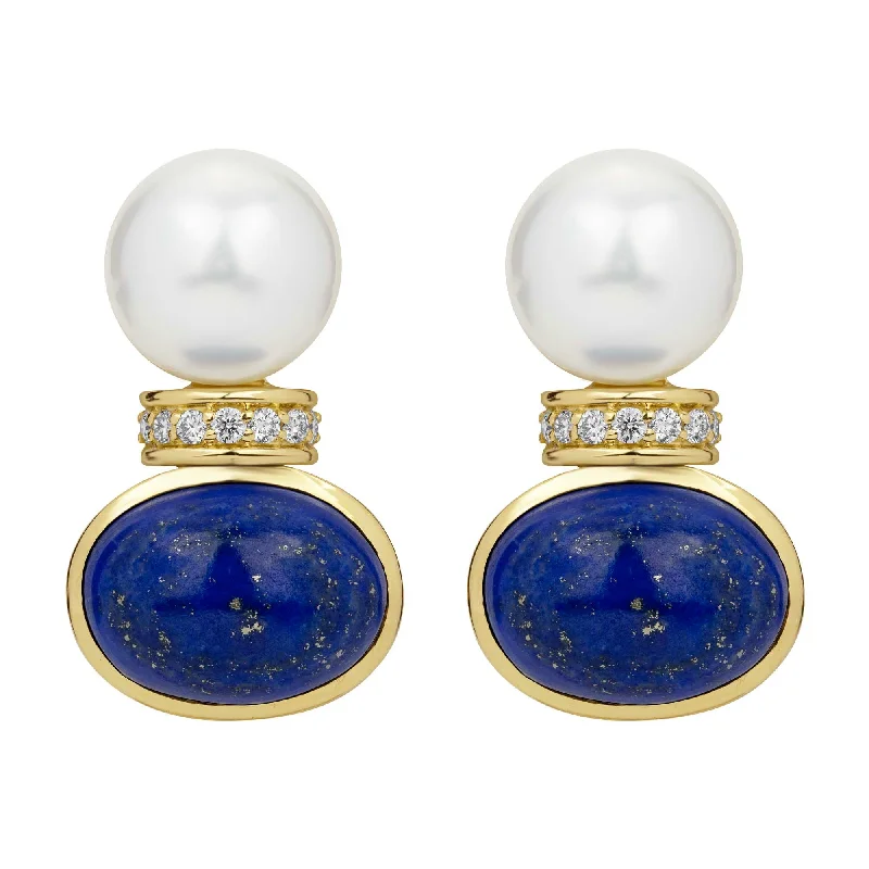 summer brooch-Earrings - South Sea Pearl, Lapis Lazuli And Diamond