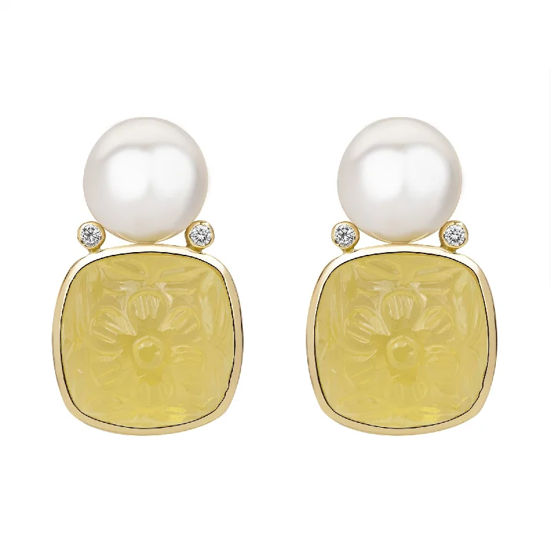 fashion brooch-Earrings - South Sea Pearl, Lemon Quartz And Diamond