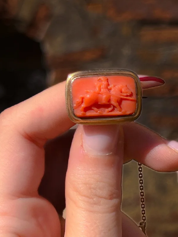 small brooch-Georgian Coral Cameo Brooch of Mounted Hunter