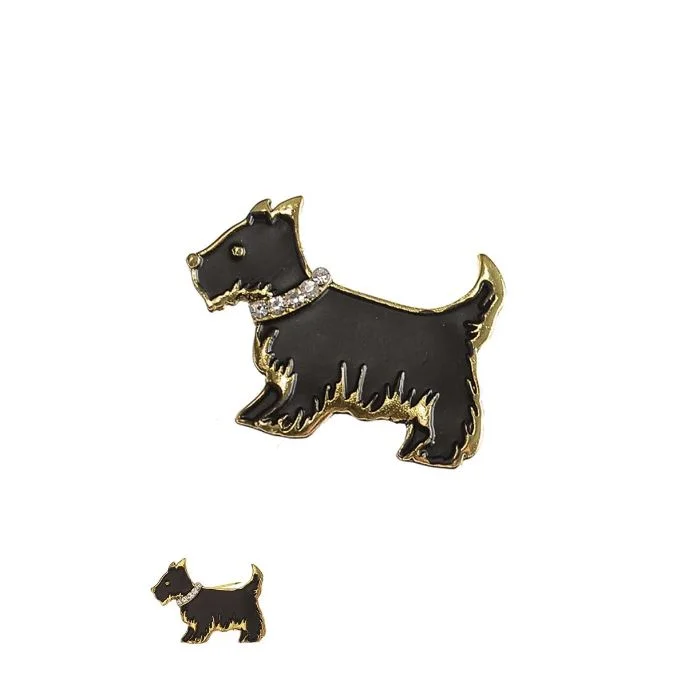 floral enamel brooch-Hot Tomato A Dogs Life! Brooch in Antique Gold With Black Enamel & Clear Crystal Collar