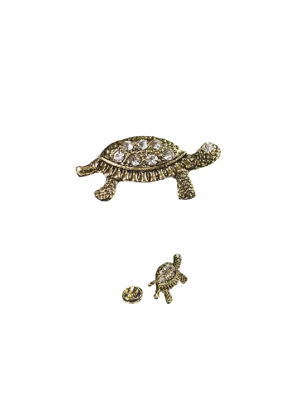 dainty brooch-Hot Tomato Baby Turtle Brooch in Antique Gold and Clear Crystals