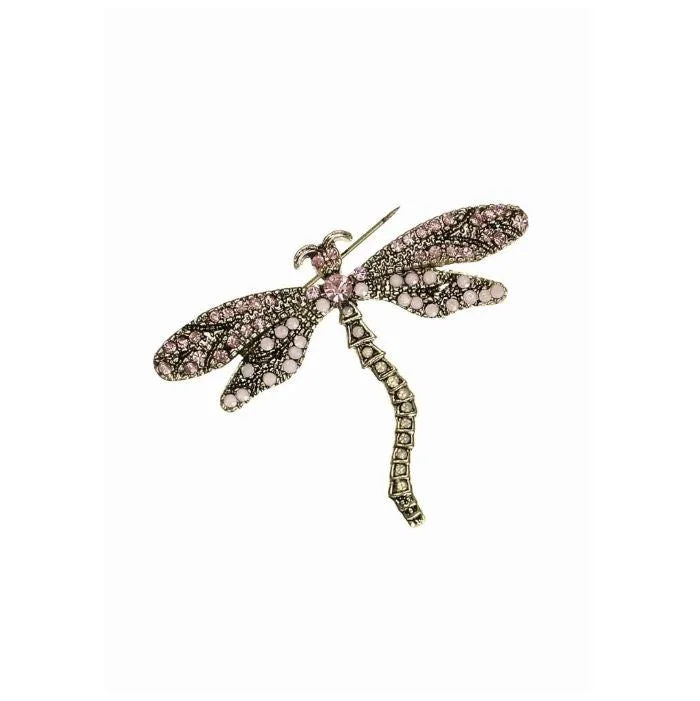 wedding brooch-Hot Tomato Delicate Dragonfly - Old Gold With Rose Crystals