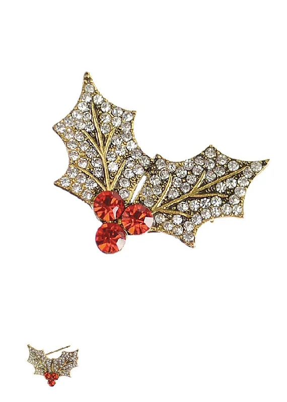 elegant brooch-Hot Tomato Holly & Berry Brooch - Antique Gold with Clear & Red Crystals