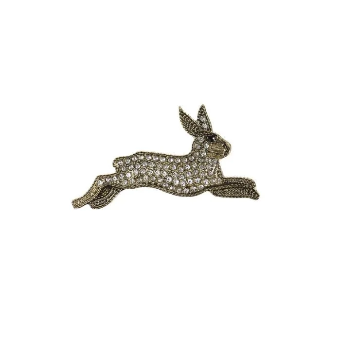 classic brooch-Hot Tomato Leaping Hare Brooch in Antique Gold and Clear Crystals