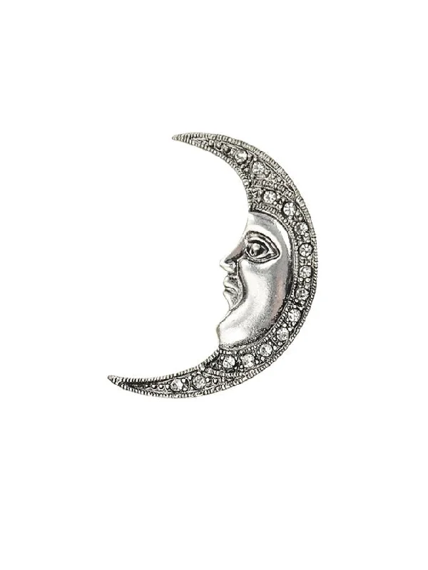 retro crystal brooch-Hot Tomato Man in The Moon Brooch in Antique Silver with Clear Crystals