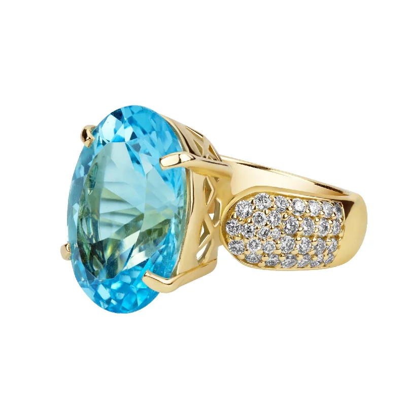 silver brooch-Ring - Blue Topaz And Diamond