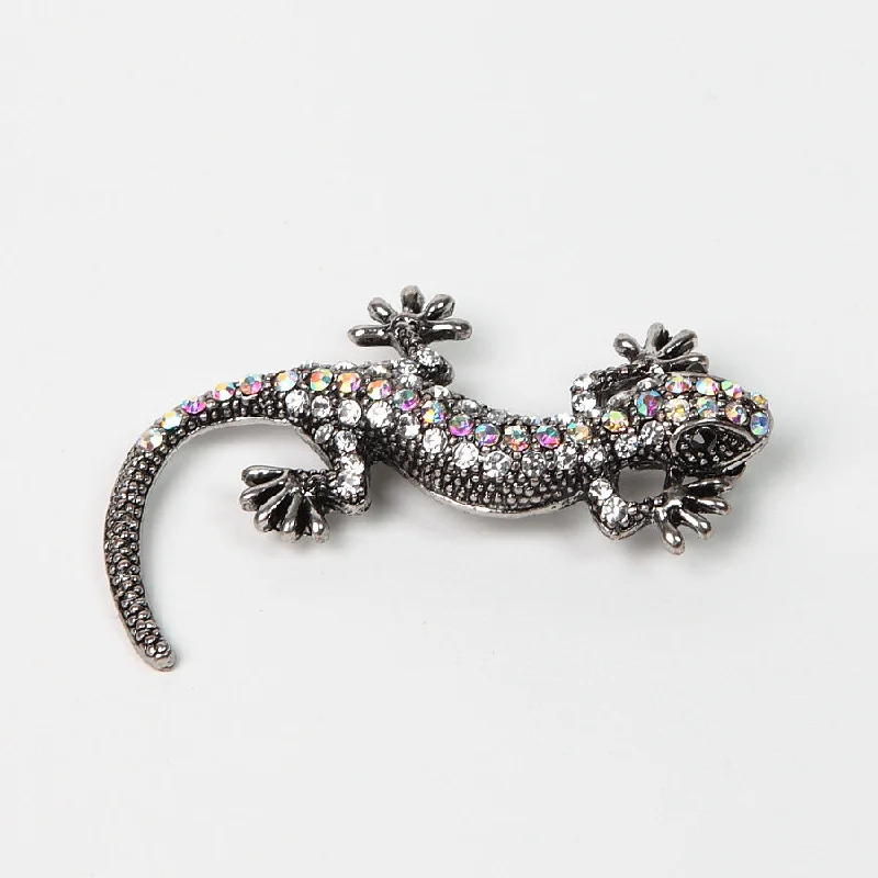 medium brooch-Sparkly Diamante Silver-Finish Lizard Brooch with AB Crystals